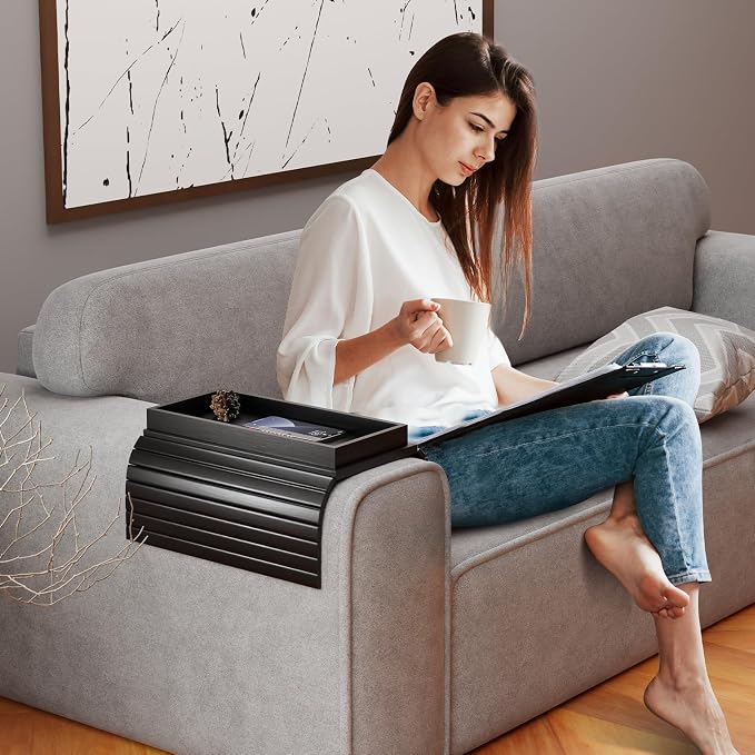 Bestjing Bamboo Sofa Armrest Tray Table for Couch - 2-in-1 Couch Arm Table with Be Slide Detachable Tray- Anti-Slip Foldable Sofa Armchair Caddy for Drinks Cellphone TV Remote Snacks (Black)