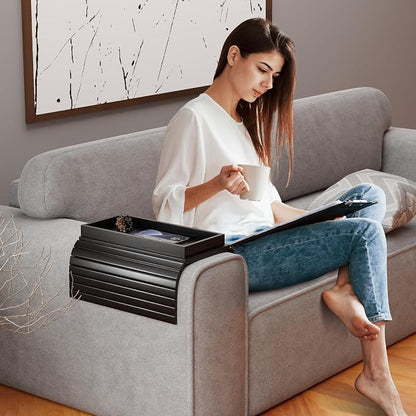 Bestjing Bamboo Sofa Armrest Tray Table for Couch - 2-in-1 Couch Arm Table with Be Slide Detachable Tray- Anti-Slip Foldable Sofa Armchair Caddy for Drinks Cellphone TV Remote Snacks (Black)