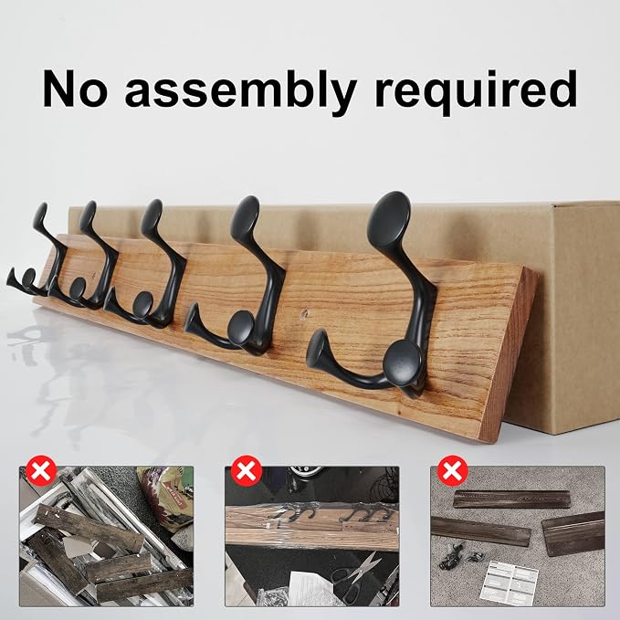 SKOLOO 24-Inch Wood Coat Rack Wall Mount with 5 Triple Hooks - Ideal for Family Entrances, Classrooms, and Pet Supplies Storage - Perfect Coat Hooks for Wall, Black on Natural