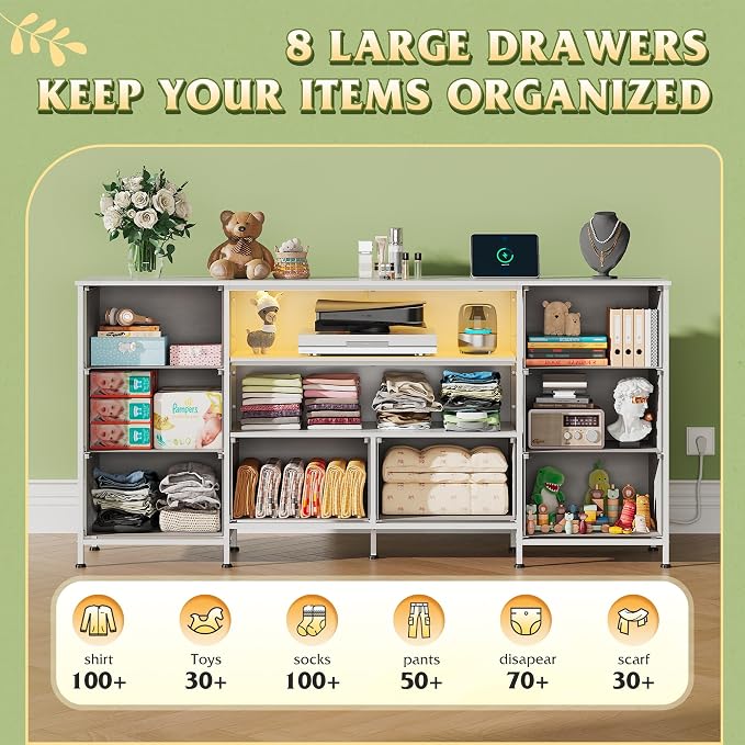 WLIVE TV Stand Dresser for 65,70 inch TV, Entertainment Center with LED Lights & 8 Long Fabric Drawers, Dresser TV Stand for Bedroom and Living Room, White