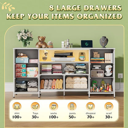 WLIVE TV Stand Dresser for 65,70 inch TV, Entertainment Center with LED Lights & 8 Long Fabric Drawers, Dresser TV Stand for Bedroom and Living Room, White