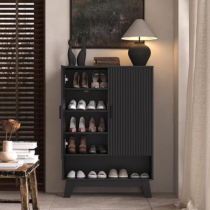 4-Tier Fluted Shoe Cabinet with 2 Doors & Open Shelf, Mid Century Modern Shoe Storage Organizer with Adjustable Shelves, Metal Handles & Wood Legs, Hidden Shoe Rack for Entryway, Hallway