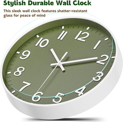 Silent Wall Clock Non-Ticking Battery Operated – Modern Olive Green Analog Wall Clock for Living Room, Kitchen, Office, Bedroom – Stylish Home Wall Decor Clock, 10 Inch