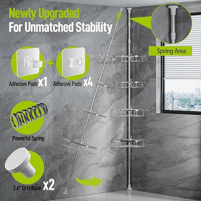 LAMU Shower Caddy Corner Tension Pole, Stainless Steel Shower Organizer, Strong Spring, 5 Adhesive Pads, 2.4 in Non-Slip Grid Base, Adjustable 4-Tier Basket, 4 Hooks, Fits Heights 37.8-124 in, Silver