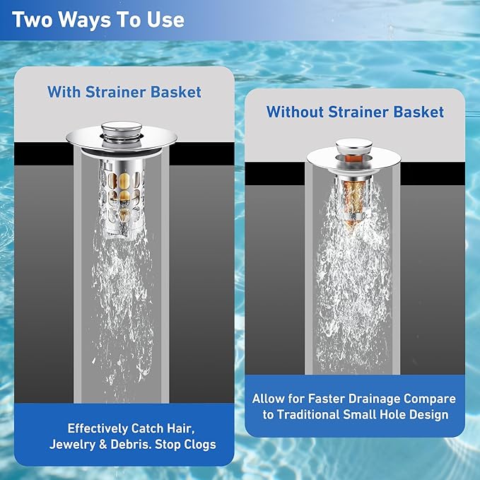 3 in 1 Bathroom Sink Stopper, Pop-up Bathroom Sink Drain Strainer with Removable Brass Basket Catcher, Easy to Clean Drain Catcher, Universal Sink Plug for 1.1 to 1.6in Drain Hole (2 Pack, Silver)