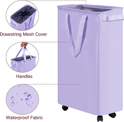 efluky Slim Laundry Hamper with Wheels, Rolling Laundry Basket for Clothes, Small Laundry Basket for Bedroom, Dorm and Laundry Room, 60L (12.7 Gallons) Purple