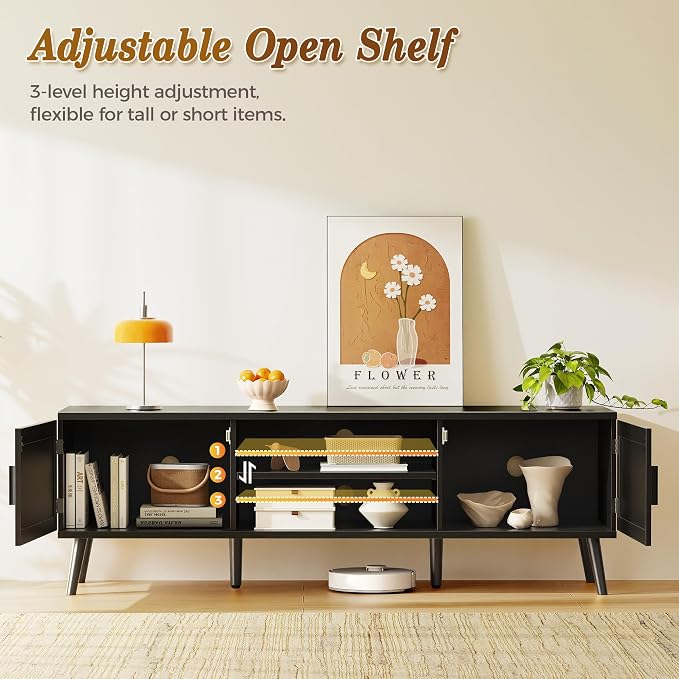 SUPERJARE TV Stand for 65 Inch TV, Entertainment Center with Adjustable Shelf, Rattan TV Console with 2 Cabinets, Media Console, Solid Wood Feet, 4 Cord Holes, for Living Room, Black