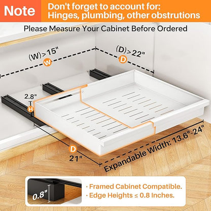 Pull out Cabinet Organizer, 4-Pack Expandable(13.6"-24") Silde out Drawers with Raising Pad for Framed Cabinets, Adjustable Full-Extension Adhesive Roll out Shelves for Kitchen Pantry Home Pot and Pan