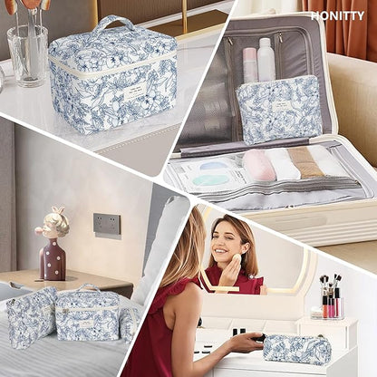 Makeup Bag,Quilted Cosmetic Bags,Large Floral Make Up Organize bag,Makeup Bag Set for Women,Flower Travel Toiletry Bag