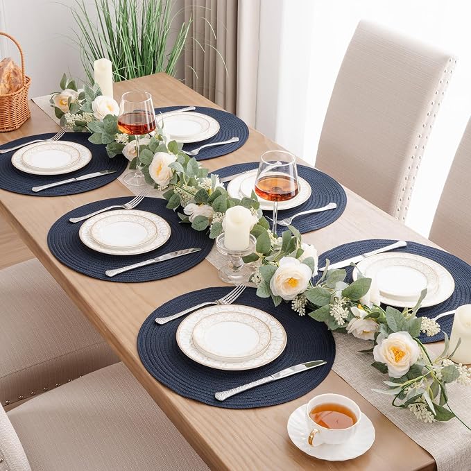 SHACOS Round Placemats Set of 8 Washable 15 inch Round Table Mats Cotton Polyester Woven Braided Place Mats for Dining Table, Navy