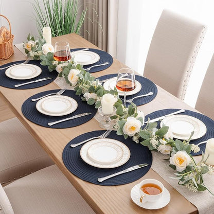 SHACOS Round Placemats Set of 8 Washable 15 inch Round Table Mats Cotton Polyester Woven Braided Place Mats for Dining Table, Navy