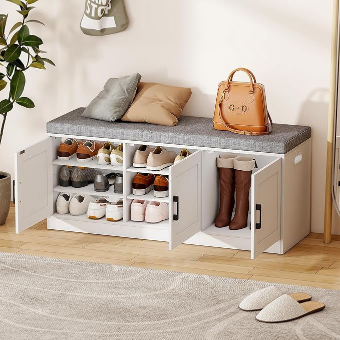 3-Tier Shoe Cabinet Storage with Adjustable Shelf Entryway Shoe Bench with Thickened Padded Seat Cushion Storage Bench with 3 Doors for Entry, Bedroom, Hallway (White Gray,46.3 * 13.8 in)