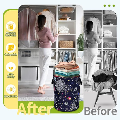 Sun Moon Galaxy Laundry Basket Funny Cosmic Foldable Waterproof Oxford Cloth Tote Bag Laundry Hamper Round Large Clothes Storage Bucket Toy Organizer For Bathroom/Laundry Storage/Bedroom 18.9x16.5 In