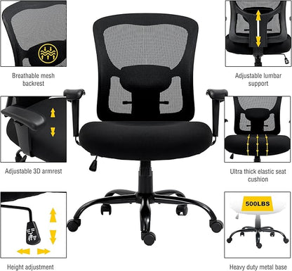 Bigroof Big and Tall Office Chair 500LBS Ergonomic Mesh Desk Chair with Adjustable Lumbar Support Arms Wide Seat Task Executive Rolling Swivel Chair for Heavy People (Black-500LBS)