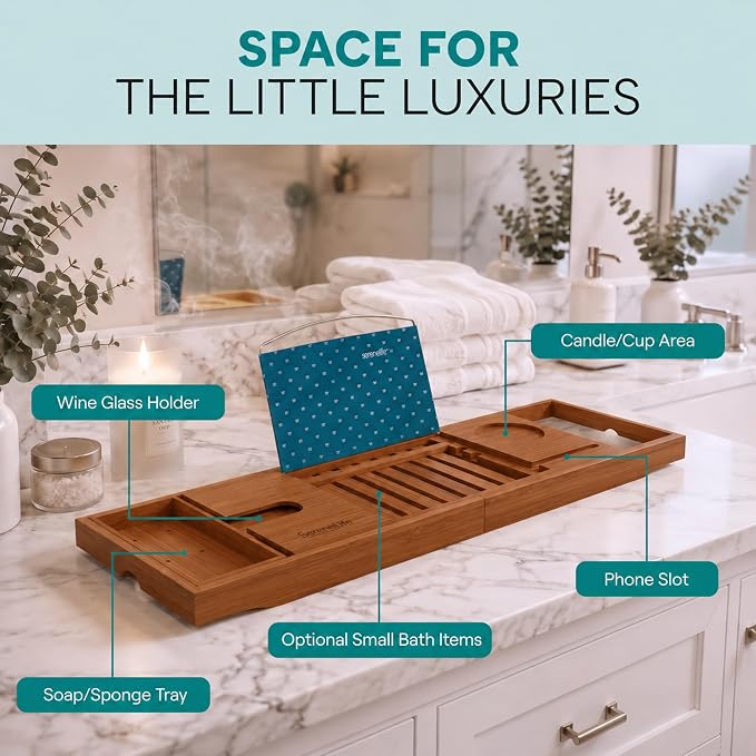 SereneLife Premium Bathtub Tray Caddy, Expandable Bath Tray, Unique House Warming Gifts, Gift for Mom, Women, New Home, Wedding, Anniversary, Bridal Shower, Universal Fit for All Tub - Brown, Gift Set