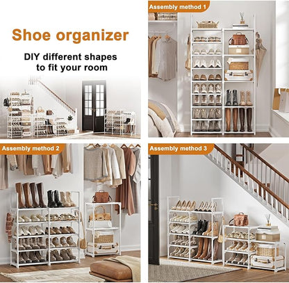 WOWLIVE 9 Tiers White Shoe Rack for Closet Shoe Rack Storage Organizer for Entryway 30-35 Pairs Stackable Shoe Shelf for Front Entrance Metal Pipes with Plastic Connectors