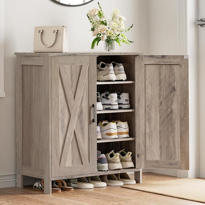 Homleke Farmhouse Shoe Cabinet with 2 Barn Doors & Wood Legs, 5-Tier Shoe Storage Cabinet with 3 Adjustable Shelves, Tall Shoe Rack Organizer for Closet, Shoe Organizer for Entryway, Hallway, Greige