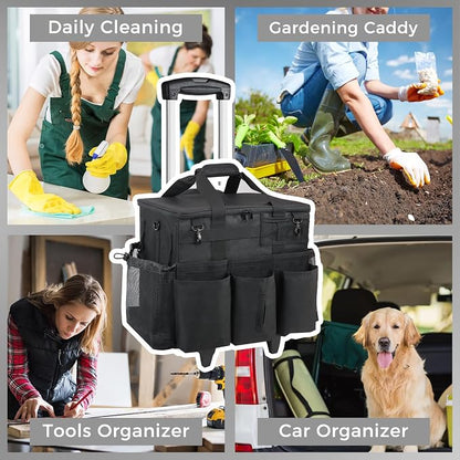 SCAVATA Rolling Cleaning Caddy Bag with Detachable Trolley, Large Cleaning Supplies Organizer with Wheels, Multi Pocket Cleaning Cart with Adjustable Shoulder Strap for Housekeepers & Home Use, Black