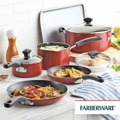 Farberware Cookstart DiamondMax Nonstick Cookware/Pots and Pans Set, Dishwasher Safe, Includes Baking Pan and Cooking Tools, 15 Piece - Red