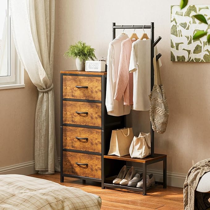 KKL Small Dresser for Bedroom with Clothes Hanging Rack, Reversible Bedroom Dresser with Shoe Rack & 4 Fabric Drawers, 3-in-1 Storage Chest of Drawers with Storage Shelves & Tree Hooks, Vintage