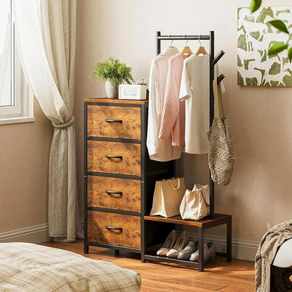 KKL Small Dresser for Bedroom with Clothes Hanging Rack, Reversible Bedroom Dresser with Shoe Rack & 4 Fabric Drawers, 3-in-1 Storage Chest of Drawers with Storage Shelves & Tree Hooks, Vintage
