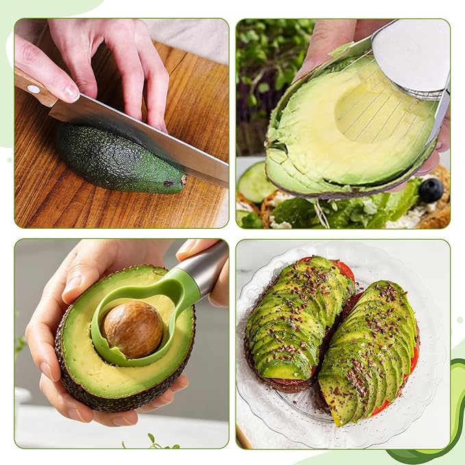 Avocado Slicer Tool, 3-in-1 Stainless Steel Avocado Slicer Tool with Peeler & Pitter, Silver & Green Design for Slicing, Scooping Pit Removal (9.37 x 2.28 In)