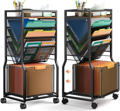 8 Tier Rolling File Cart with Hanging File Folder Organizer, Mobile File Organizer with 2 Sides Access Bookcase, Beside/Under Desk Cart with Wheels for Office Home School