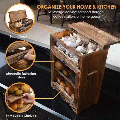 Ikee Design Free Assemble Wooden Countertop Potato and Onion Storage Bin Box,Countertop Cabinet, Wooden Bread Boxes, Potato Storage, Coffee Station, 11.8W x 6.8D x 16H in, Rustic Color