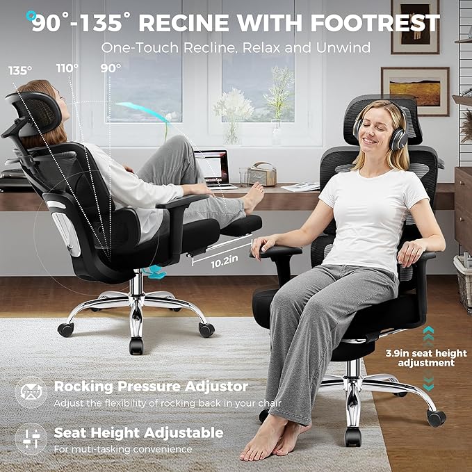 Ergonomic Office Chair with Footrest, Big and Tall Home Desk Chair, High Back Rolling Computer Chair with 3D Arms and Lumbar Support, Comfortable Gaming Chair, Swivel Mesh Chairs, Black