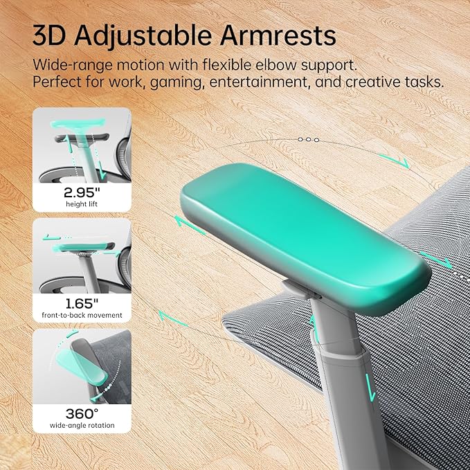 Hbada P2 Ergonomic Office Chair, Office Chair with 3D Lumbar Support, Mesh Chair with 3D 360° Rotation Arms, 3D Headrest & Comfortable Seat, 135° Stepless Tilt Function, White