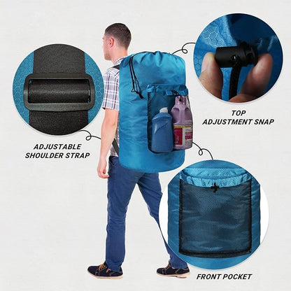 Laundry Bag with Shoulder Straps and Mesh Pocket Laundry Backpack Large Portable Laundry Hamper for College Laundromat Apartment (Light Blue)
