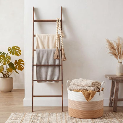 Novabright 3 Pcs Farmhouse Living Room Decoration Set with 5.6 Ft Wooden Blanket Ladder 20 x 13 Inches Large Woven Blanket Basket 58 Inches Wood Bead Garland with Tassels for Bedroom Home Decor