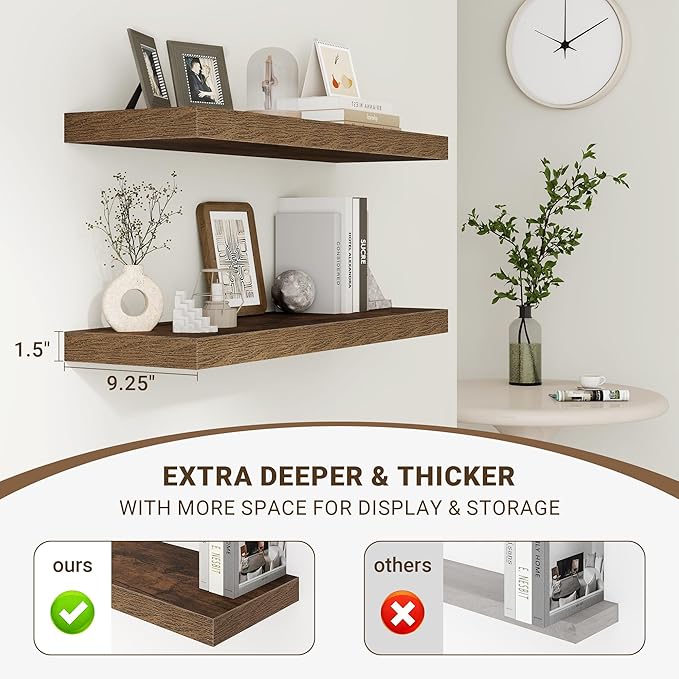 Acovy 16 Inch Floating Shelves, 16"x9.25"x1.5" Inch Deep Floating Shelves for Wall, Wooden Shelves for Bathroom, Bedroom, Living Room, Brown, 2 Pieces