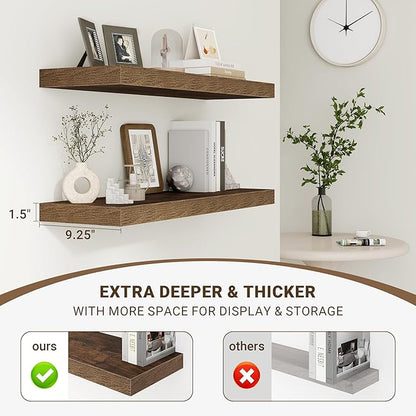 Acovy 55 Inch Floating Shelves, 55"x9.25"x1.5" Inch Deep Floating Shelves for Wall, Wooden Shelves for Bathroom, Bedroom, Living Room, Brown, 1 Piece