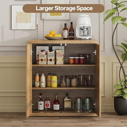 31” Sideboard Cabinet with Storage, Fluted Accent Cabinet with Adjustable Shelves, Modern Wood Credenza Cabinets with Pop-up Doors for Entryway Kitchen Living Room Hallway, Oak