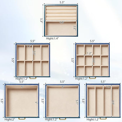 AKOZLIN 6-Tier Jewelry Box Lockable Leather Jewelry Storage Case with 5 Drawers for Women Girls Ring Necklace Earring Bracelet Holder Organizer with Mirror Blue