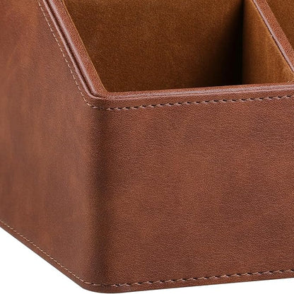 PU Leather Desk Organizer, Luxury Remote Control Holder for Home, Office Desk Accessories Table Caddy Bedside Nightstand Organizer (Brown)