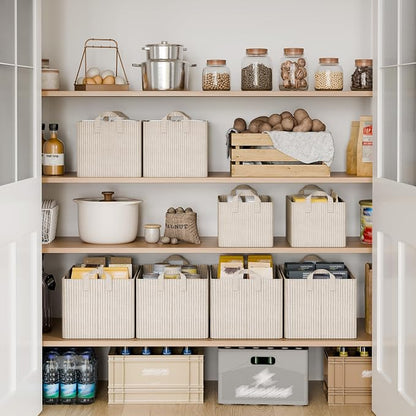 StorageWorks Storage Bins, Fabric Storage Bins for Shelves, Extra Large Storage Baskets with Metal Frame, Closet Baskets and Bins with Handles, Jumbo, Khaki and Beige Stripes, 2-Pack