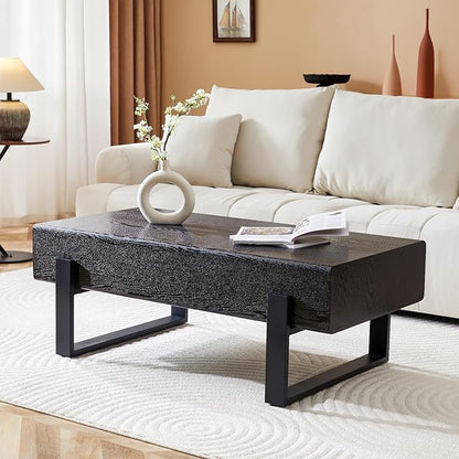 LKTART 47'' Rectangle Coffee Table for Living Room, Marble Pattern Desktop, Stable Metal Tea Table Legs for Dining Room Apartment Small Space (Black)
