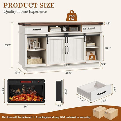 Jocoevol 58" Farmhouse Electric Fireplace TV Stand for TVs up to 65", Entertainment Center with 2 Large Storage Drawers, Sliding Barn Doors, Adjustable Shelves, TV Console for Living Room - White