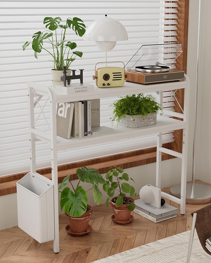Desktop Shelves, Monitor Stand with Adjustable Shelves and Side Pockets, 2-Tier Desktop Bookshelf Organizer, Large Capacity Display Shelf Rack, Desk Hutch for Home Office, Study Room, White