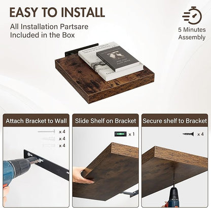 Acovy 12 Inch Floating Shelves, 12" Deep Floating Shelf Wall Mounted, 12" Wall Shelves, Rustic Deep Bookshelf, Extra Deeper Display Shelves & Storage Shelves for Bedroom, Living Room, Set of 3