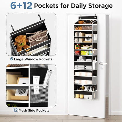 Mefirt 6 Tiers Over The Door Organizer, Heavy Duty Hanging Organizer Storage with Large Capacity Pockets, Behind Door Storage Hanging Shelves for Closet Wall Bathroom Bedroom Nursery Pantry, 1 Black