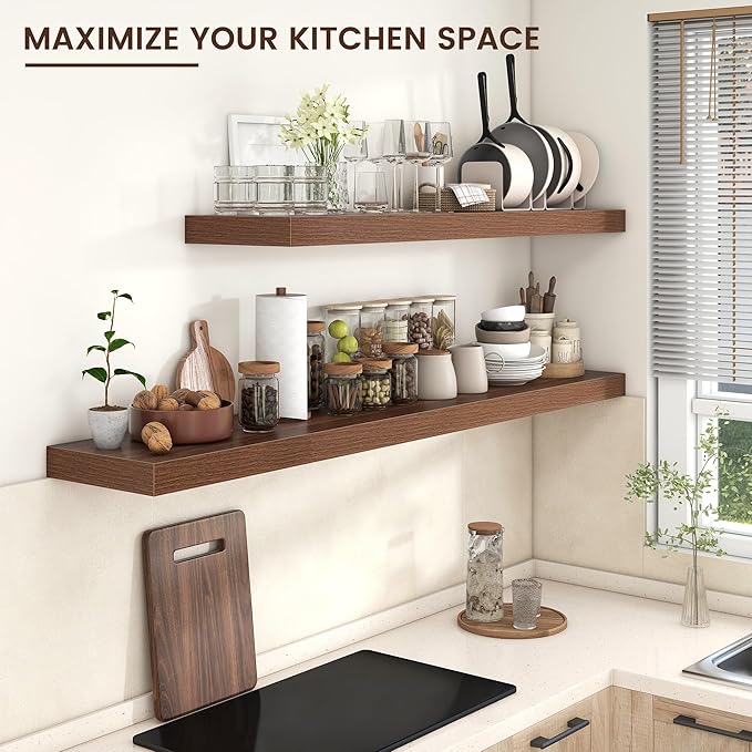 Floating Shelves for Wall, 72 Inch Wide x 12 Inch Deep Floating Shelves, Long Wood Floating Wall Shelf Shelves for Living Room Bathroom Bedroom Kitchen Home - (Walnut, 72" W x 12" D x 2" H)