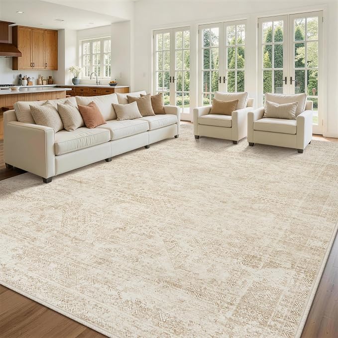 10x14 Area Rugs for Living Room Rug Washable: Abstract Large Rug Indoor Modern Carpet Non Slip for Dining Room Bedroom Nursery Home Office Beige