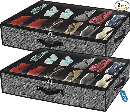 homyfort Under Bed Shoe Storage Organizer for Closet Fits 24 Pairs-Sturdy Underbed Shoe Storage Box Bins,Set of 2 (Linen-like Black)