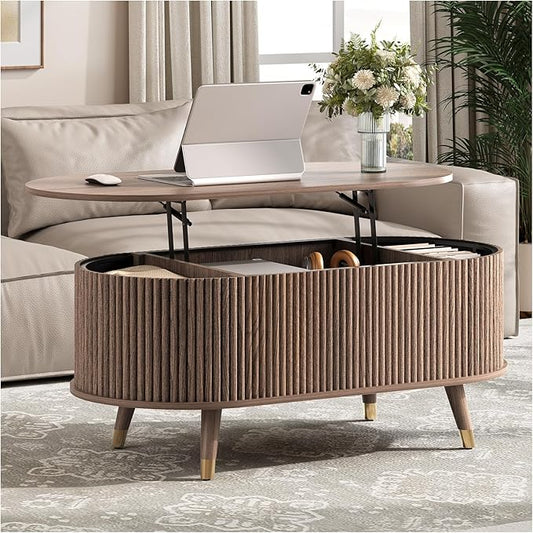 Oval Coffee Table with Storage, 42.5” Fluted Coffee Table with Lifting Top & Solid Wood Legs, Modern Lift Up Center Table for Living Room, Home Office, Walnut