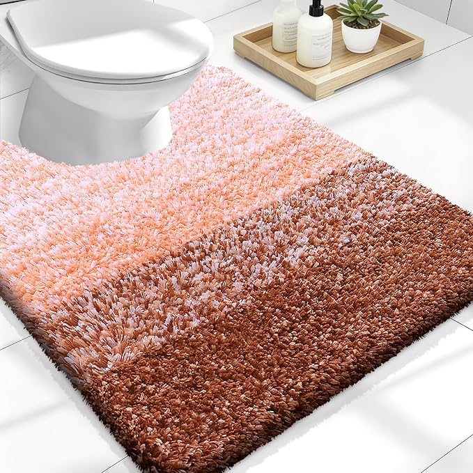 OLANLY Luxury Toilet Rugs U-Shaped 24x20, Extra Soft and Absorbent Microfiber Bathroom Rugs, Non-Slip Plush Shaggy Bath Mat, Machine Wash Dry, Contour Bathroom Mats for Toilet Base, Orange