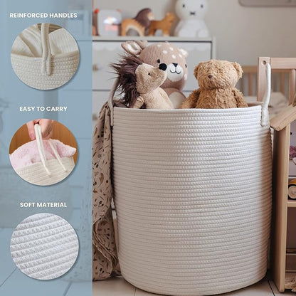 OrganiHaus Large Off-White Woven Laundry Basket w/Handles 52L, Rope Dirty Clothes Hamper, Blanket Basket for Living Room, Baby Laundry Hamper for Nursery, Soft & Durable Decorative Organizer Bin