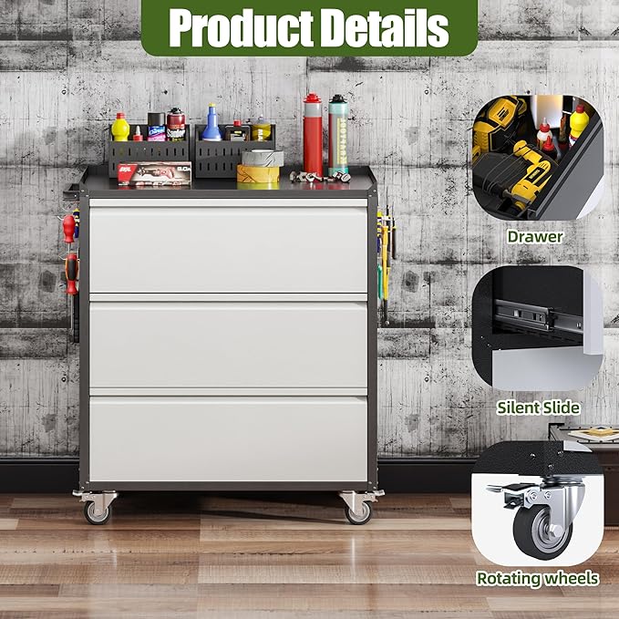3 Drawers Garage Storage Cabinet with Wheels,35" H Metal Storage Cabinets for Garage, Home, Assembly Required,Black&Silver